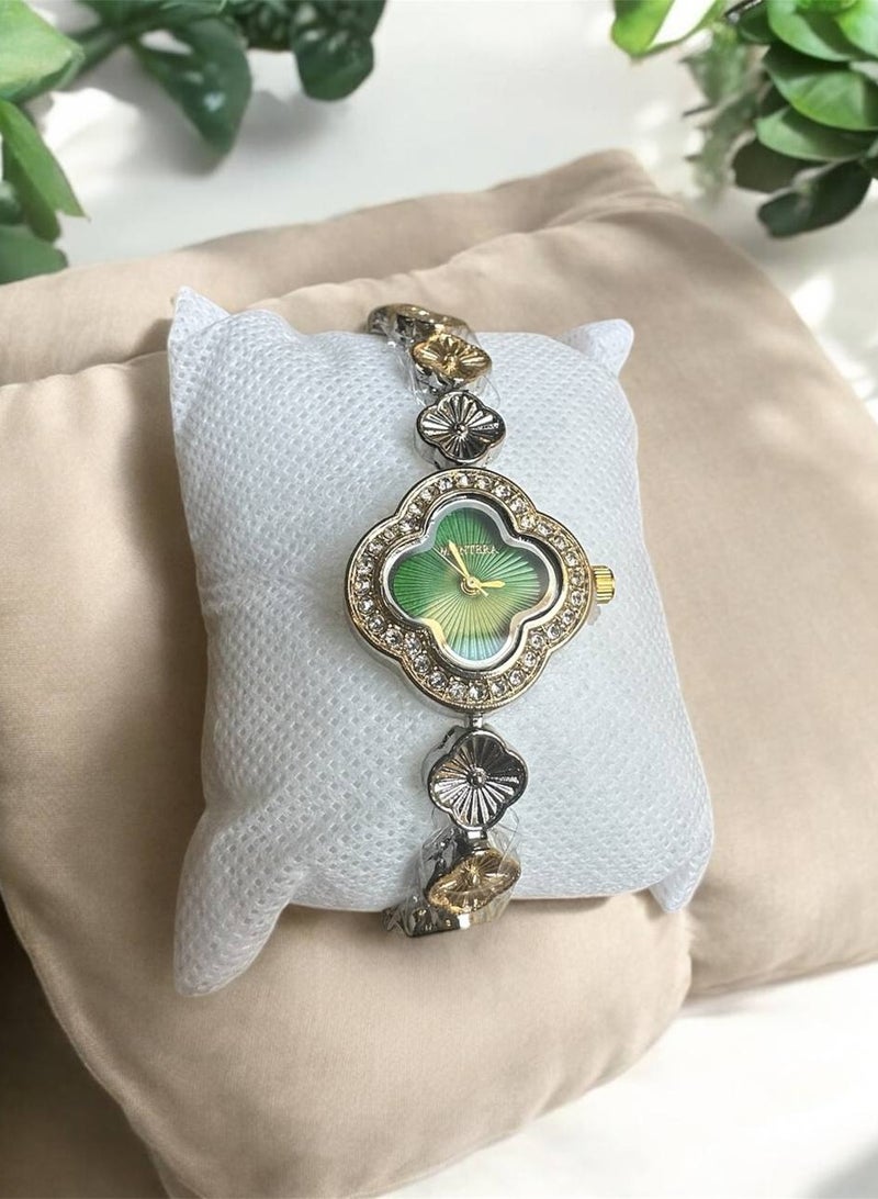 مونتيرا ساعة يد نسائية - وجه أخضر مزخرف مع سوار معدني - Image 2