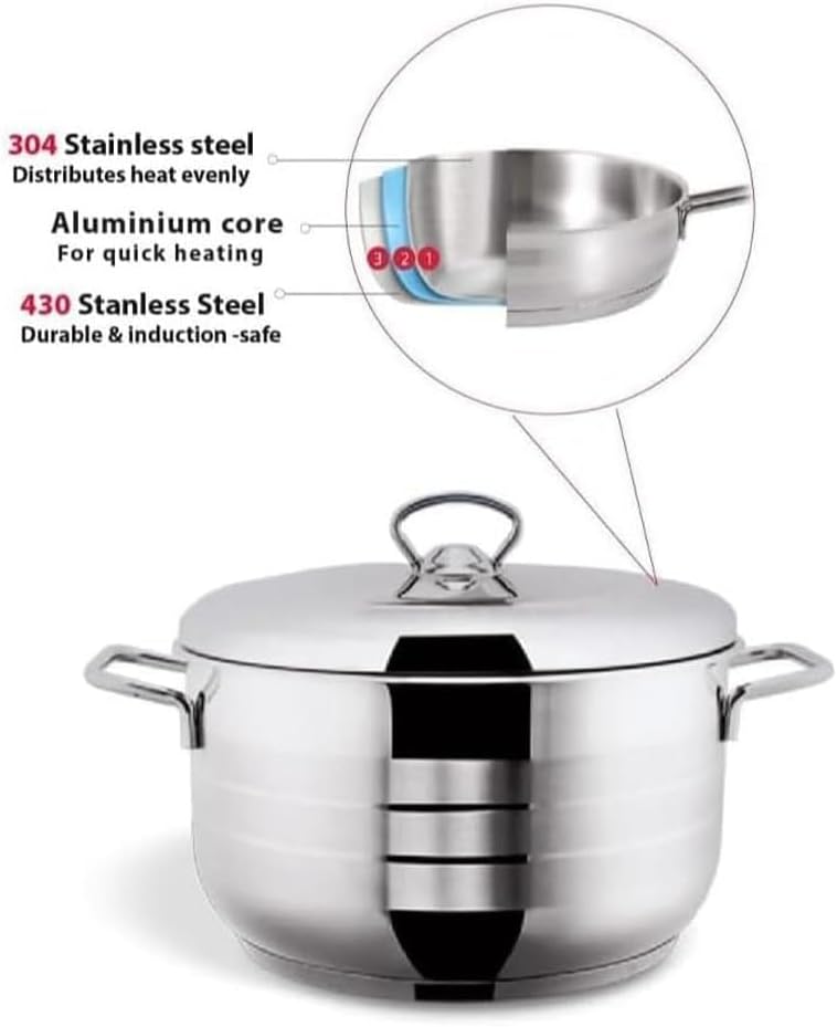 sahaba Stainless Steel Stock Pot, Encapsulated Induction Ready Cooking Pot with Lid, Oven Safe, Dishwasher Safe Premium Stainless steel 18/10 Soup bonera Casserole (20 Cm (3L)) - Image 2