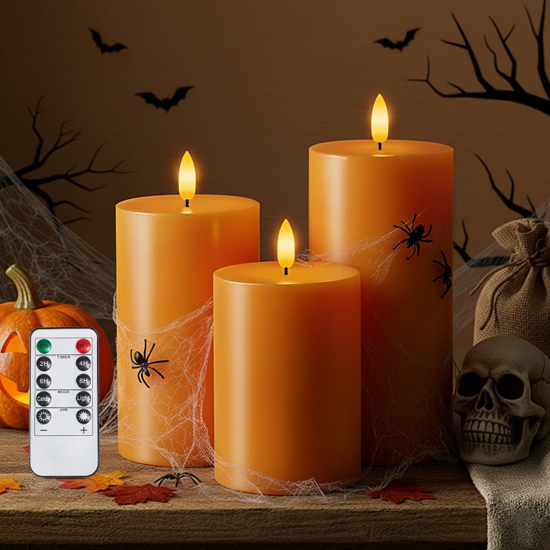 Homemory Halloween Orange Flameless Candles Battery Operated with Remote Timer Real Wax LED Pillar Candle for Halloween Decoration Fall Decor Harvest Festival Gifts H456 Set of 3 - Image 2