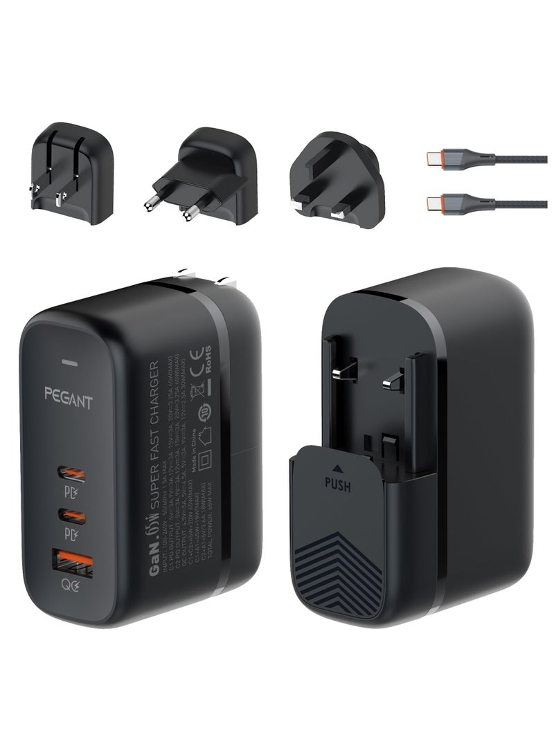 PEGANT 65W GaN USB-C Charger, 3-Port Fast Laptop Wall Adapter with PD3.0, QC3.0 & PPS, Foldable Plug with UK/EU/US/AU, for MacBook, iPhone 16, Galaxy S25, Lenovo, Dell, Asus