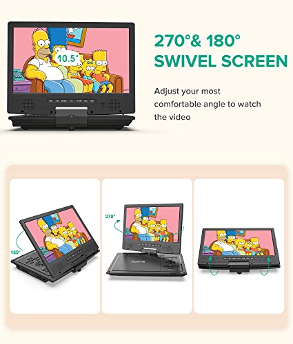 WONNIE 12.5" Portable DVD Player Car Headrest Video Player with 10.5" Swivel Screen, 5-Hours Rechargeable Battery, Car Headrest Holder, Dual Speakers, Support USB/SD Card/Sync TV, All Regions - Image 4