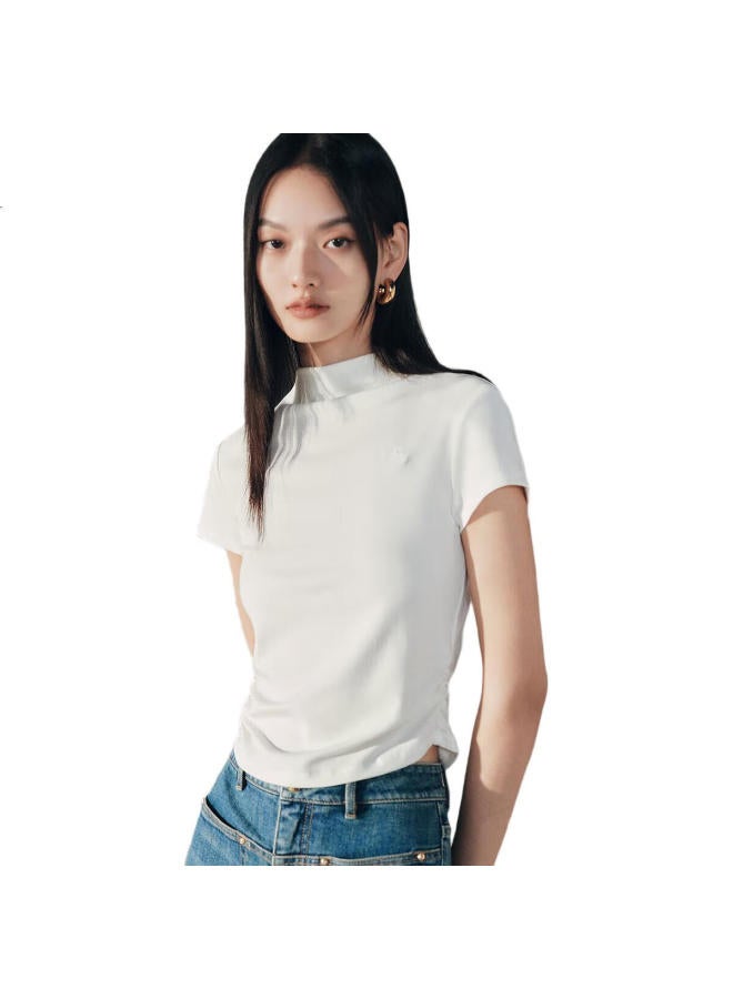 Waxbird Taiping Bird Women'S T-Shirt Half High Collar Slim Fit Short Sleeve Waist-Collecting French Style Short Top Beige 2 L - Image 3