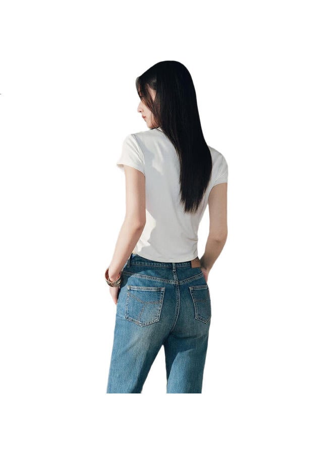 Waxbird Taiping Bird Women'S T-Shirt Half High Collar Slim Fit Short Sleeve Waist-Collecting French Style Short Top Beige 2 L - Image 1