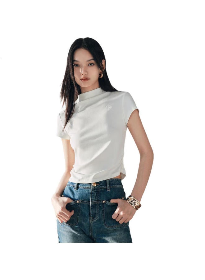 Waxbird Taiping Bird Women'S T-Shirt Half High Collar Slim Fit Short Sleeve Waist-Collecting French Style Short Top Beige 2 L - Image 2