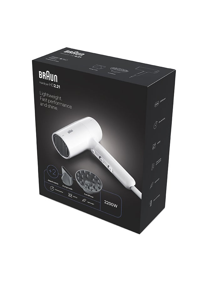 Braun Hair Dryer, Light Weight, Quick Drying Time, 3 Heat Modes Plus Cold Shot, 2200 Watts with 2 Attachments, Drying Nozzle, Curl Diffuser- BRHD226SDE white - Image 1