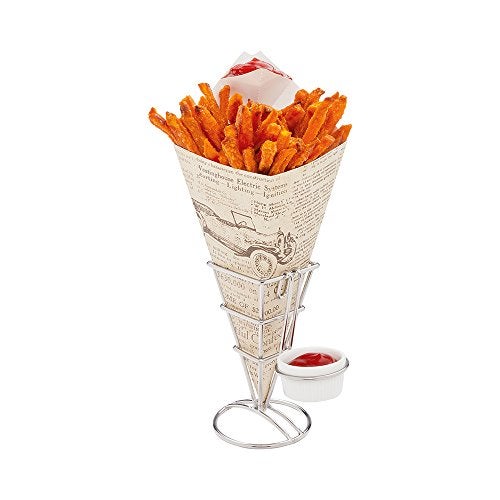 Restaurantware115Inch EcoFriendly Finger Food Cones with Builtin Condiment Dipping Pocket Perfect for Appetizers  FoodSafe Paper Cone with Newsprint Styling  Disposable  100CT