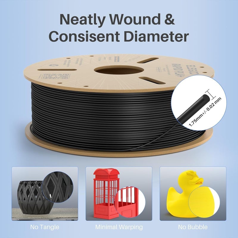 Protomont TECHNOLOGIES خيوط ELEGOO PLA+ 1.75 مم 1 كجم، خيوط طابعة ثلاثية الأبعاد PLA Plus، دقة أبعاد +/- 0.02 مم، قوية وعالية القوة، مناسبة لمعظم طابعات FDM (1 كجم/بكرة، 2.2 رطل) (Rapid PLA+ أسود) - Image 5