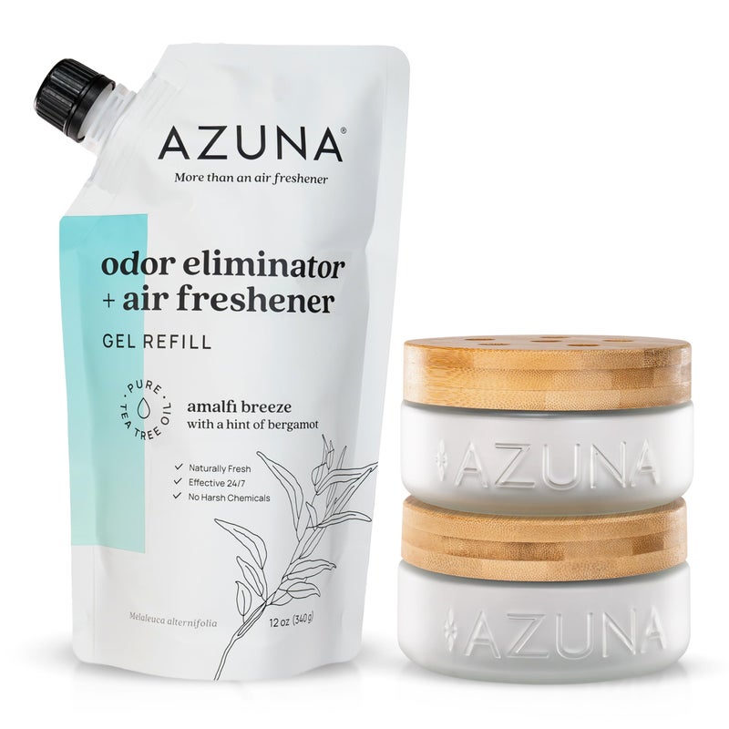 Azuna Air Freshener & Odor Eliminator for Strong Odor | 2 Room Kit Includes (2) 8 oz. Empty Luxe Glass Jars & 12 oz | Refill with Tea Tree Essential Oil Gel | Amalfi Breeze | Last 60-90 Days - Image 1