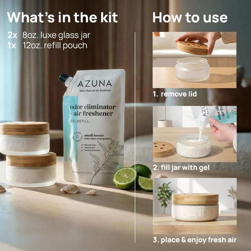 Azuna Air Freshener & Odor Eliminator for Strong Odor | 2 Room Kit Includes (2) 8 oz. Empty Luxe Glass Jars & 12 oz | Refill with Tea Tree Essential Oil Gel | Amalfi Breeze | Last 60-90 Days - Image 3