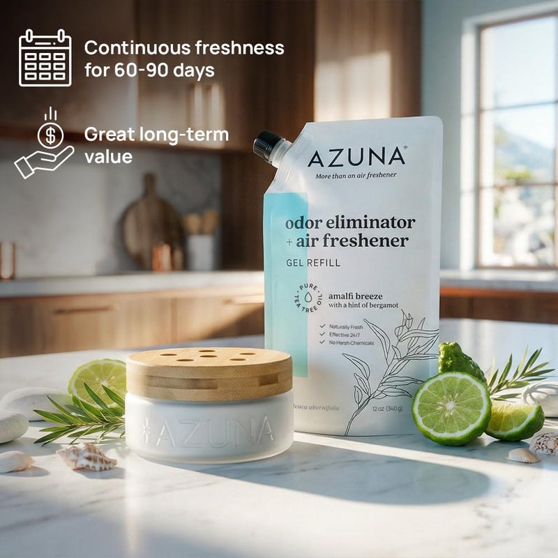 Azuna Air Freshener & Odor Eliminator for Strong Odor | 2 Room Kit Includes (2) 8 oz. Empty Luxe Glass Jars & 12 oz | Refill with Tea Tree Essential Oil Gel | Amalfi Breeze | Last 60-90 Days - Image 5
