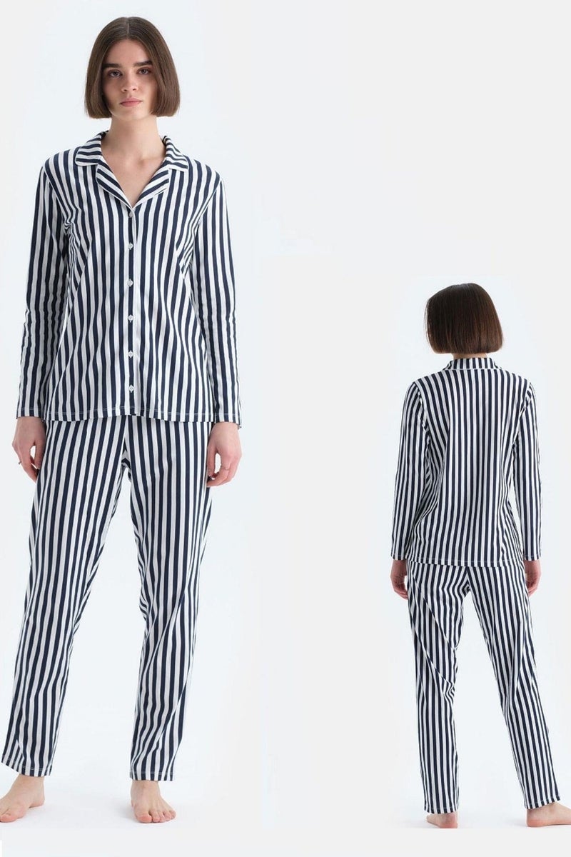 Eros Women's Woven Long Sleeve Striped Shirt Pajama Set