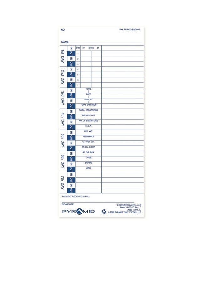 بيراميد تايم سيستمس 3510010Pk5 حزمة أصلية مكونة من 500 بطاقة وقت تستخدم مع نماذج ساعات التحميل الجانبية الهرمية 3500 و3600Ss و3700 - Image 5