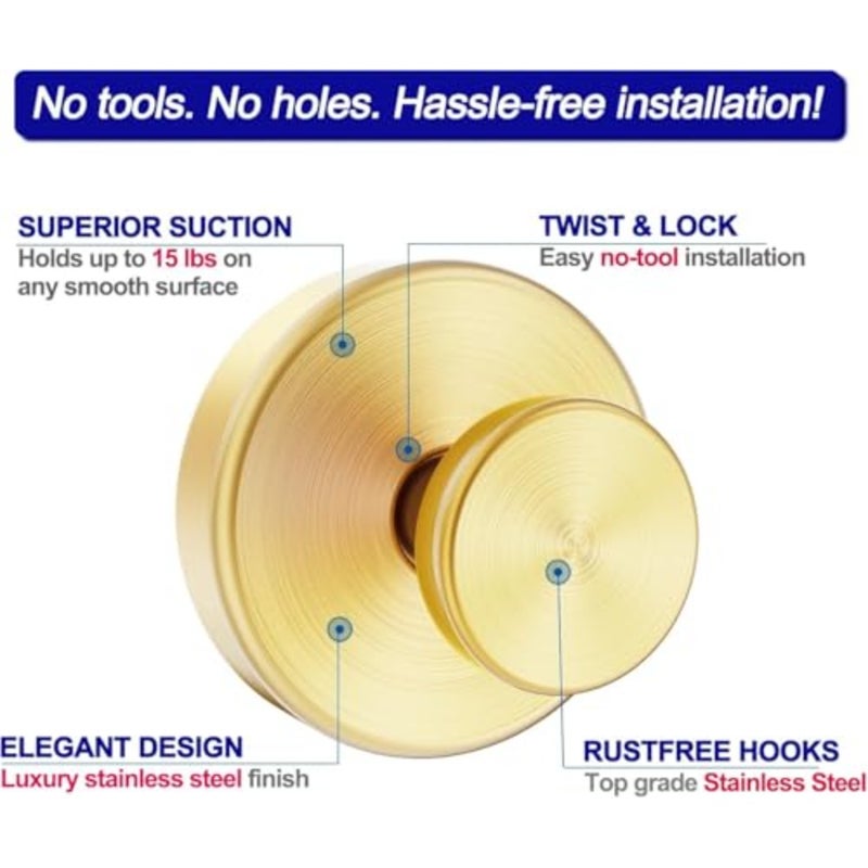 لوكس عقد لا السنانير الحفر الفولاذ المقاوم للصدأ للماء شفط كأس السنانير منشفة حمام رداء السنانير للحمامات الذهب 4 قطع - Image 3