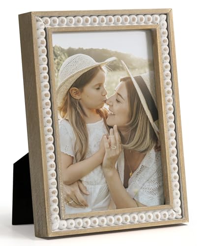 SUMGAR 4x6 Picture Frame 6x4 Photo Frame White Wood Farmhouse Boho Wall Mounted with Shabby Chic Decorative Distressed Pine Beads Decor for Desk Birthday Gifts for Woman Grandma - Image 1