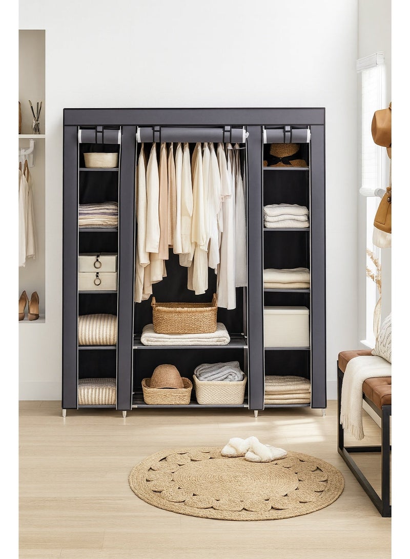 Roman Gifts Portable Fabric Wardrobe Closet Organizer with Hanging Rods and Shelves, Grey - Image 2