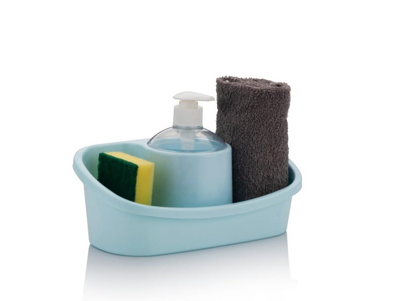 SHOPECOM شوبكوم موزع صابون سائل 3 في 1 للمنزل، حوض غسيل 3 في 1 موزع صابون سائل لغسل اليدين مع حاملة تخزين ABS حامل إسفنجة مجموعة موزع صابون غسل الصحون (1 قطعة) - Image 1