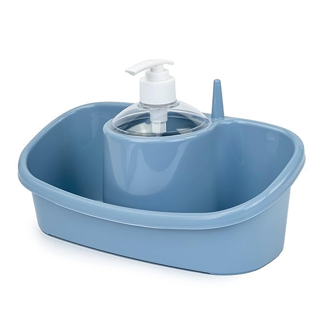 SHOPECOM شوبكوم موزع صابون سائل 3 في 1 للمنزل، حوض غسيل 3 في 1 موزع صابون سائل لغسل اليدين مع حاملة تخزين ABS حامل إسفنجة مجموعة موزع صابون غسل الصحون (1 قطعة) - Image 5