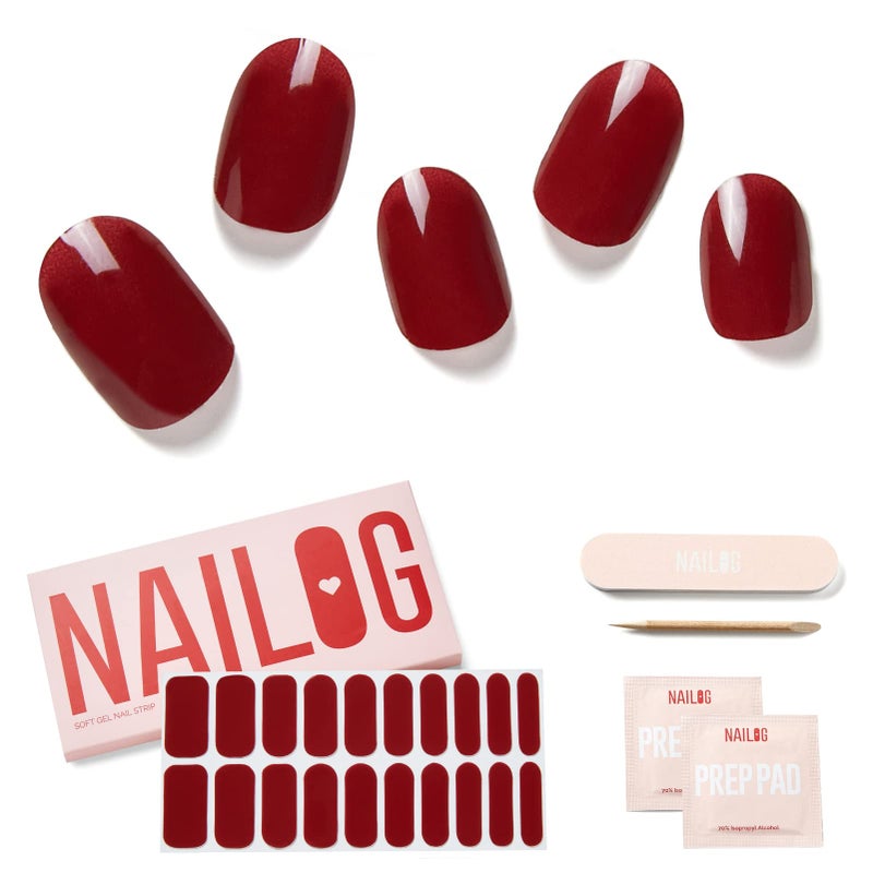 NAILOG Semi Cured Gel Nail Strips 20pcs Long Lasting Nail Polish Strips SalonQuality Gel Nail Sticker Nail Art Wrap Kit with Glossy Gel FinishingRouge Noir