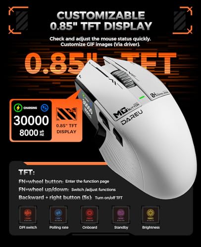 DAREU A980PROMAX Wireless Gaming Mouse-4K/8K Polling-30K DPI Optical Sensor-0.85' TFT Color Display-Magnesium Alloy Buttons-2.4G Wireless/BT/USB Connectivity-Nano Receiver Included - Image 4