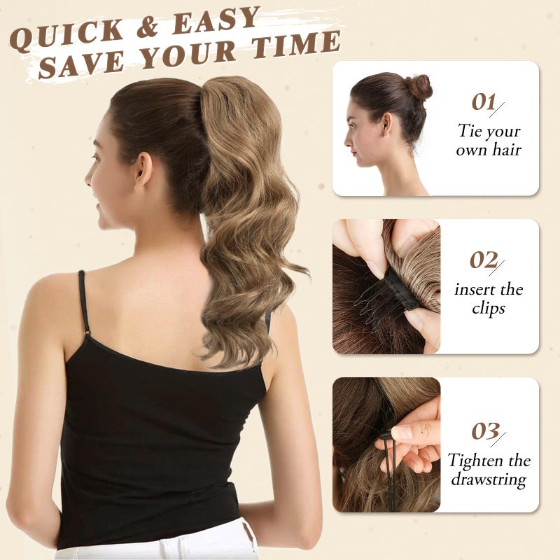 BARSDAR Ponytail Extension - 16 Inch Drawstring Ponytail Extensions Short Wavy Dark Brown Ponytail Hair Extensions Synthetic Clip in Pony Tail Hairpieces for Women Daily - Dark Brown - Image 3