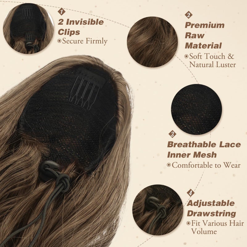 BARSDAR Ponytail Extension - 16 Inch Drawstring Ponytail Extensions Short Wavy Dark Brown Ponytail Hair Extensions Synthetic Clip in Pony Tail Hairpieces for Women Daily - Dark Brown - Image 4