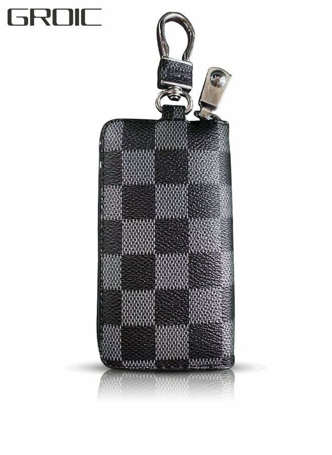 GROIC Car Key case Premium PU Leather Car Key Chain Holder Chequered Pattern Metal Hook and Key Ring Zipper Bag for Smart Remote Key KeyChain Protector Cover  - Image 1