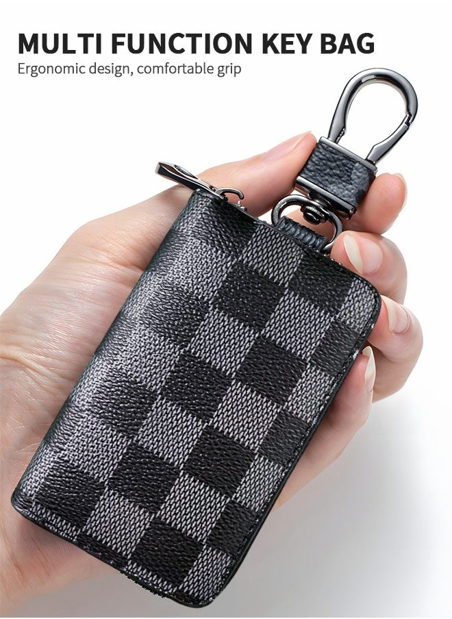 GROIC Car Key case Premium PU Leather Car Key Chain Holder Chequered Pattern Metal Hook and Key Ring Zipper Bag for Smart Remote Key KeyChain Protector Cover  - Image 2