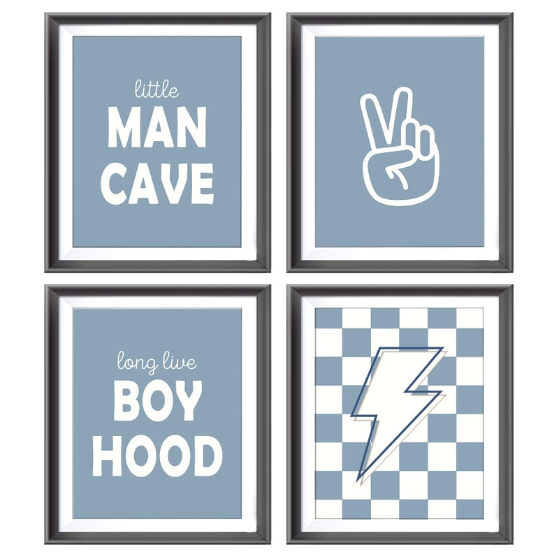 AEHIE Little Man Cave Retro Preppy Checkered Lightning Peace Sign Long Live Boyhood Poster Prints for Boy Teen Room Dorm Decor Preppy Decorations Prints Wall Art Unframed 4pcs 8x10inches Teen Boys Gifts - Image 1