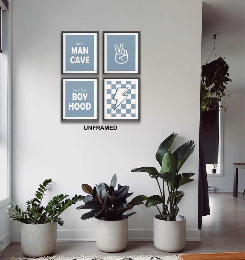 AEHIE Little Man Cave Retro Preppy Checkered Lightning Peace Sign Long Live Boyhood Poster Prints for Boy Teen Room Dorm Decor Preppy Decorations Prints Wall Art Unframed 4pcs 8x10inches Teen Boys Gifts - Image 3