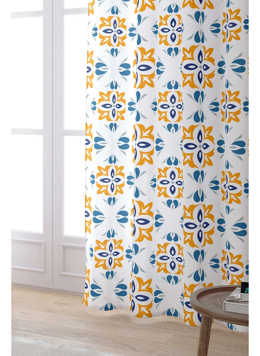 Cango Home White Blue Modern Ethnic Tile Patterned Digital Printed Curtain CGH564-PR