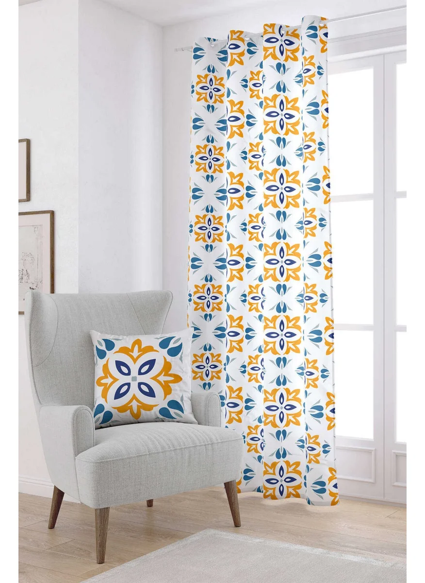 Cango Home White Blue Modern Ethnic Tile Patterned Digital Printed Curtain CGH564-PR