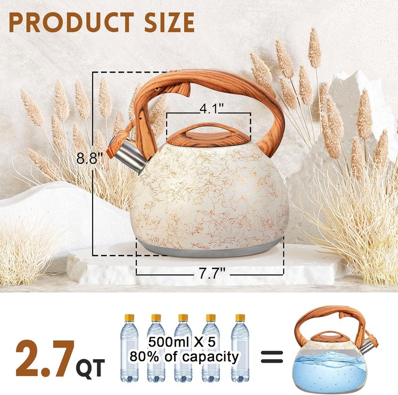 GGC Tea Kettle for Stove Top, Loud Whistling Kettle for Boiling Water Coffee or Milk, 3.1 Quart Stainless Steel Art Line White Pot with Wood Pattern Handle, Unique Button Control Outlet - Image 3