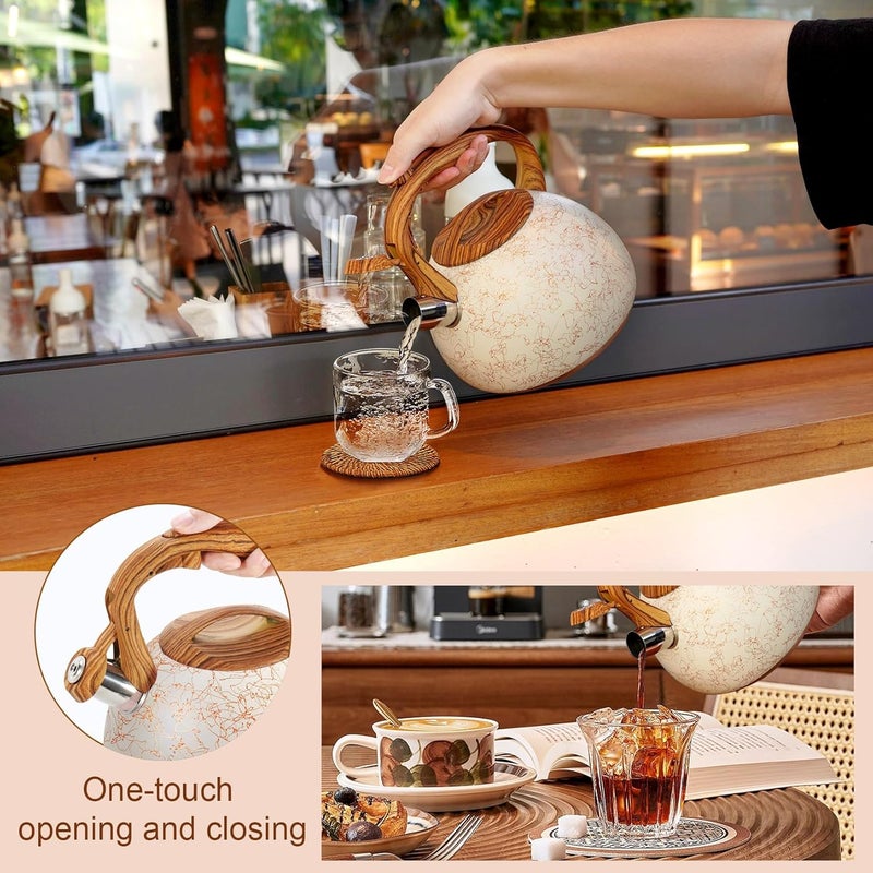 GGC Tea Kettle for Stove Top, Loud Whistling Kettle for Boiling Water Coffee or Milk, 3.1 Quart Stainless Steel Art Line White Pot with Wood Pattern Handle, Unique Button Control Outlet - Image 5