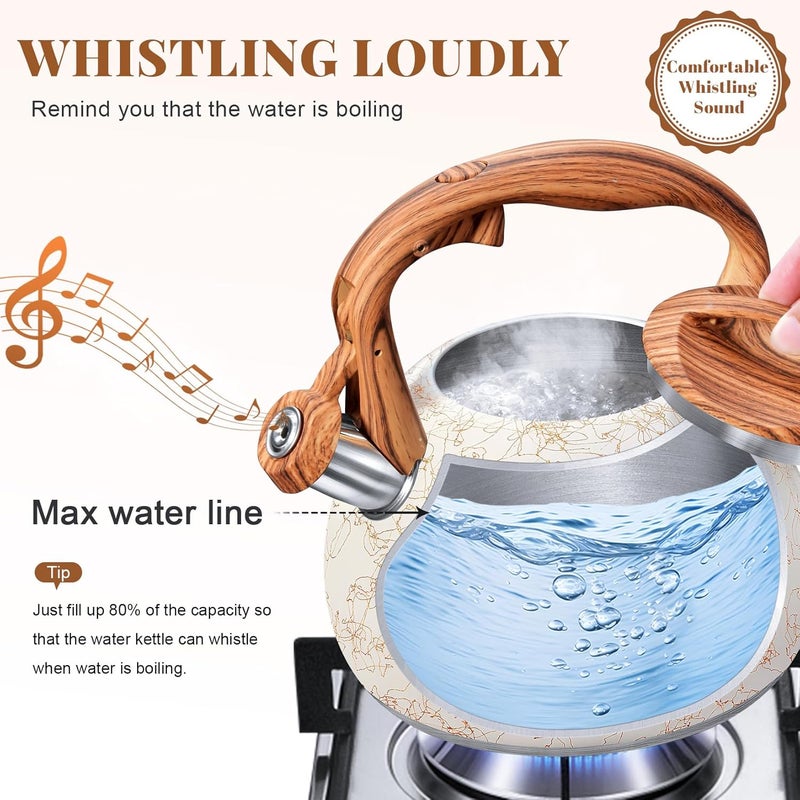 GGC Tea Kettle for Stove Top, Loud Whistling Kettle for Boiling Water Coffee or Milk, 3.1 Quart Stainless Steel Art Line White Pot with Wood Pattern Handle, Unique Button Control Outlet - Image 4