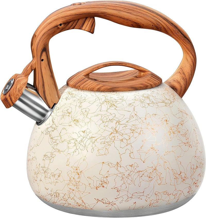GGC Tea Kettle for Stove Top, Loud Whistling Kettle for Boiling Water Coffee or Milk, 3.1 Quart Stainless Steel Art Line White Pot with Wood Pattern Handle, Unique Button Control Outlet - Image 1
