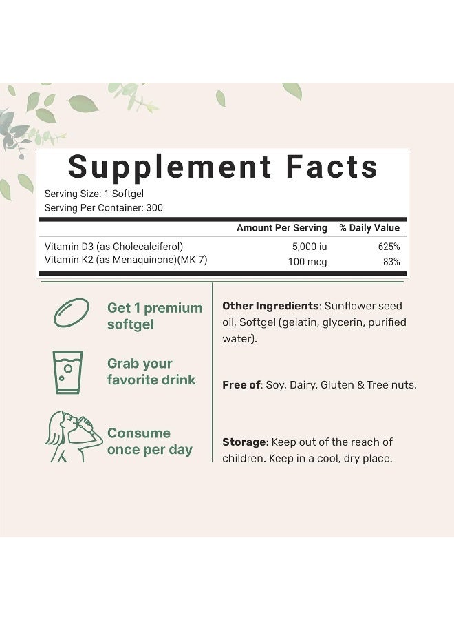Micro Ingredients Vitamin d3+K2 5,000IU D3+100MCG K2-MK7 Made with Coconut oil 300 Softgels - Image 2