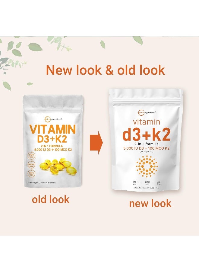 Micro Ingredients Vitamin d3+K2 5,000IU D3+100MCG K2-MK7 Made with Coconut oil 300 Softgels - Image 5