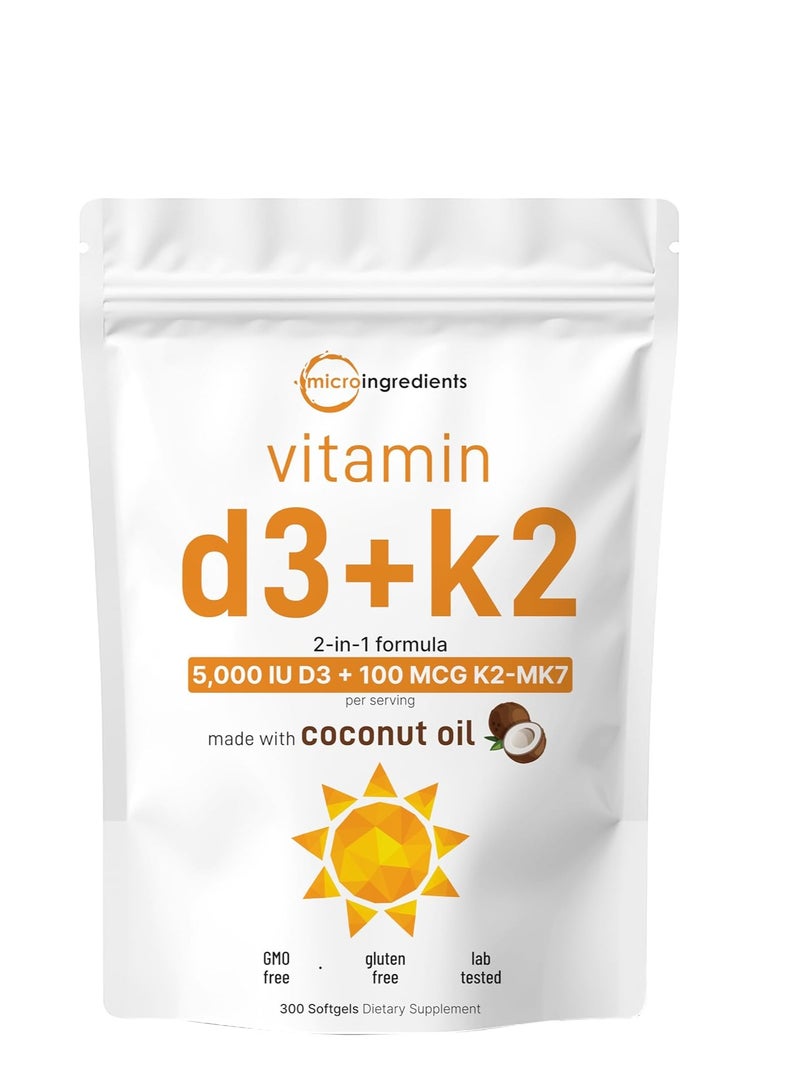 Micro Ingredients Vitamin d3+K2 5,000IU D3+100MCG K2-MK7 Made with Coconut oil 300 Softgels - Image 1
