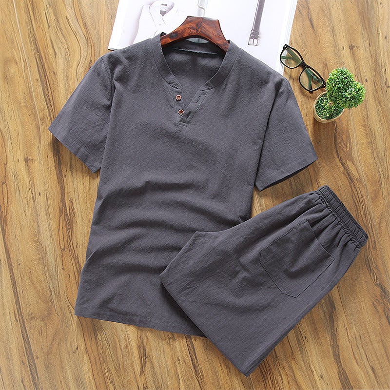 Short-sleeved T-shirt Mens Cotton and Linen Suit AliExpress Summer Solid Color V-neck Half-sleeved Base Shirt Short T-shirt Casual Suit Grey - Image 1