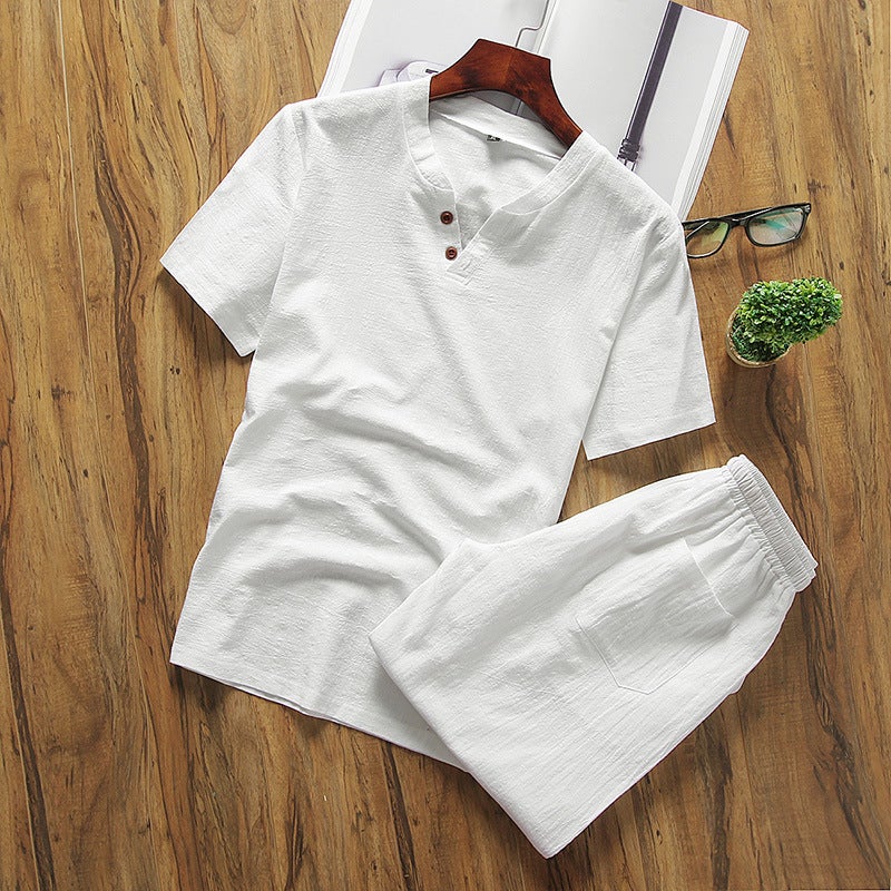 Short-sleeved T-shirt Mens Cotton and Linen Suit AliExpress Summer Solid Color V-neck Half-sleeved Base Shirt Short T-shirt Casual Suit Grey - Image 2