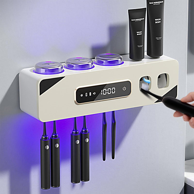 Wekity Automatic Toothpaste Dispenser,Rechargeable Toothbrush Holders for Bathrooms,3 Cups Electric Toothbrush Holder Wall Mounted with Toothpaste Dispenser Bathroom Decor (White) - Image 1