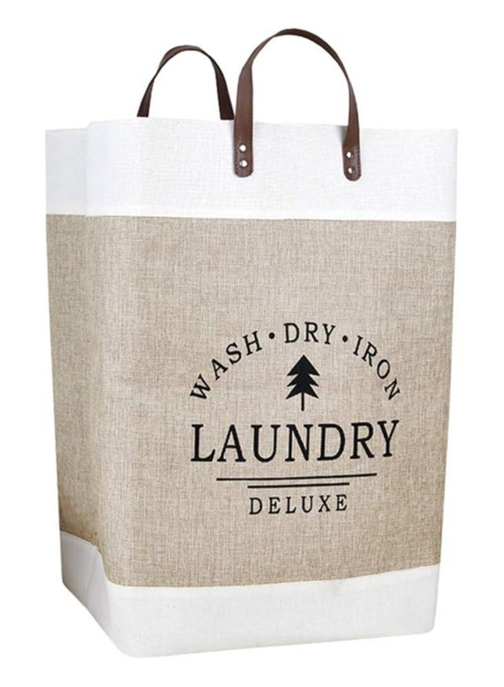 Generic Foldable Fabric Laundry Basket – Beige & White with Leather Handles – Large Capacity Hamper for Dirty Clothes Storage - Image 1