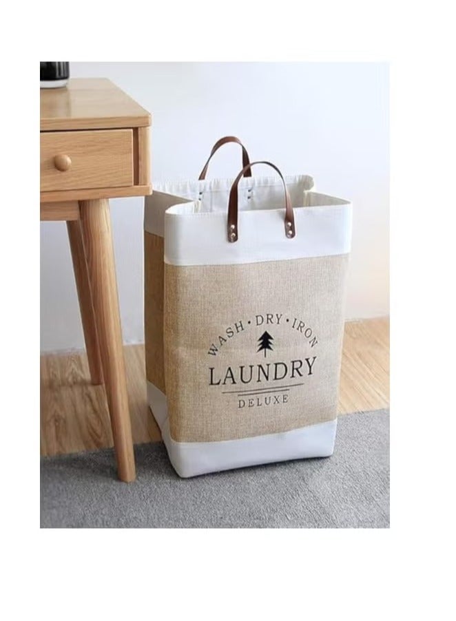 Generic Foldable Fabric Laundry Basket – Beige & White with Leather Handles – Large Capacity Hamper for Dirty Clothes Storage - Image 2