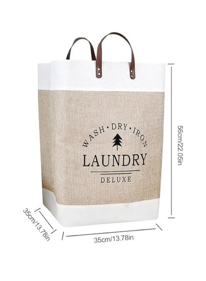 Generic Foldable Fabric Laundry Basket – Beige & White with Leather Handles – Large Capacity Hamper for Dirty Clothes Storage - Image 3
