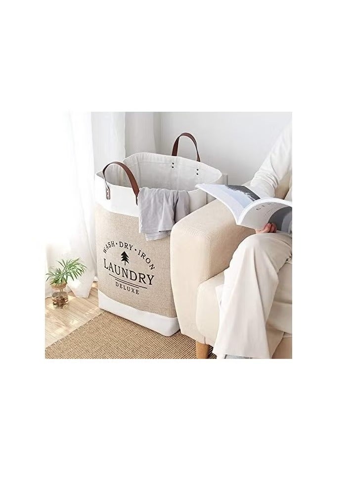Generic Foldable Fabric Laundry Basket – Beige & White with Leather Handles – Large Capacity Hamper for Dirty Clothes Storage - Image 4