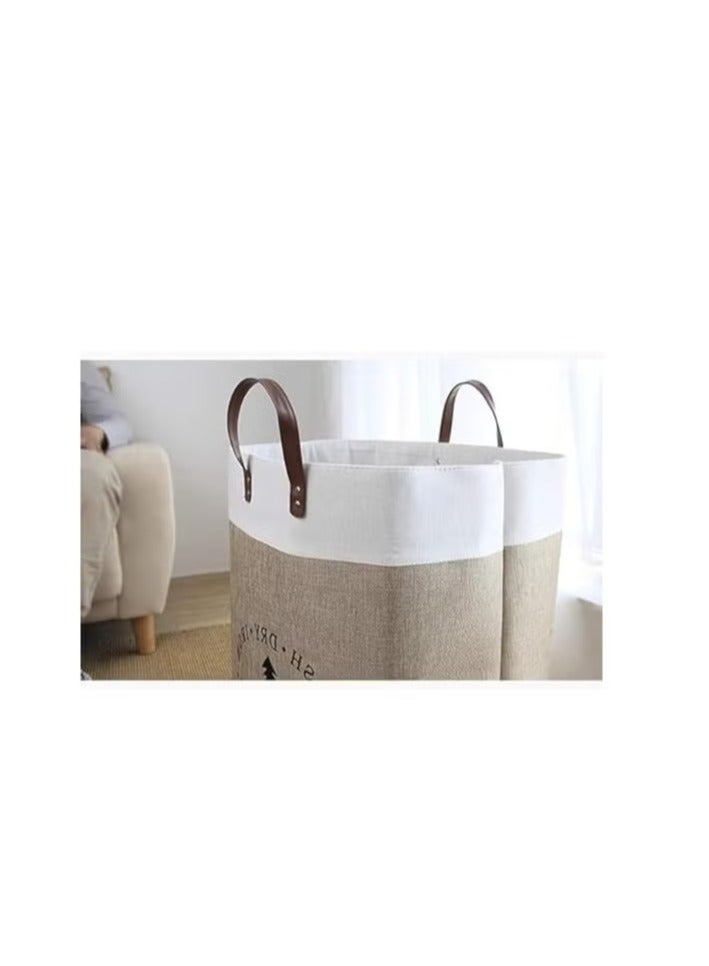 Generic Foldable Fabric Laundry Basket – Beige & White with Leather Handles – Large Capacity Hamper for Dirty Clothes Storage - Image 5