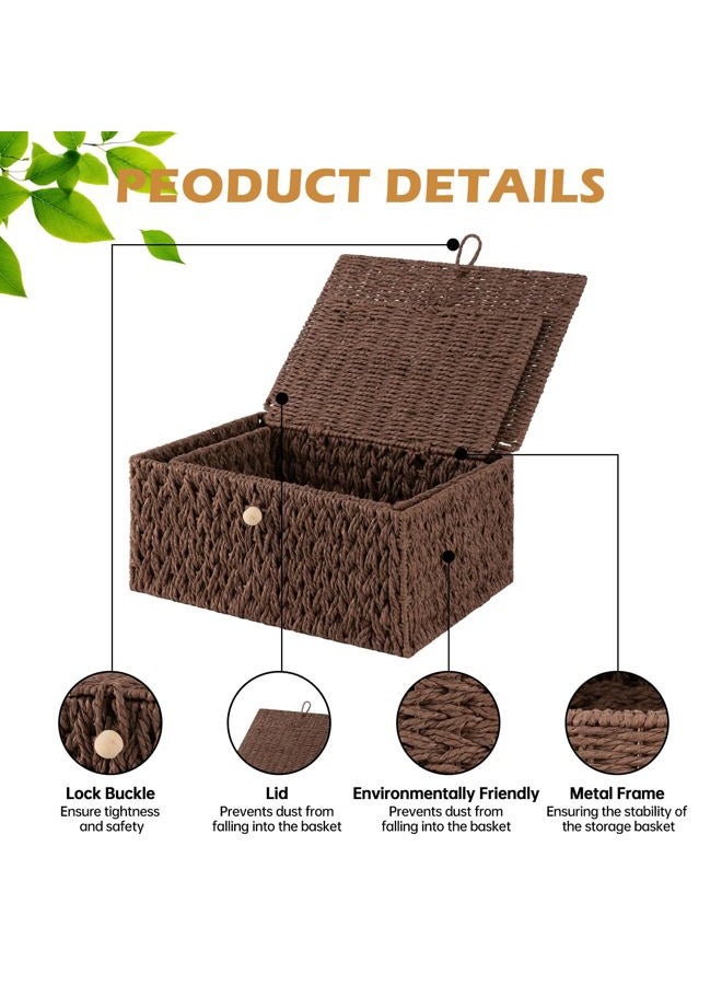 OIAHOMY Set of 2 Woven Wicker Storage Basket Box with Lid & Lock, Storage Organizer, Large/Medium Size-Brown - Image 3