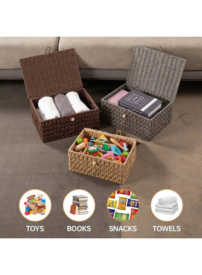OIAHOMY Set of 2 Woven Wicker Storage Basket Box with Lid & Lock, Storage Organizer, Large/Medium Size-Brown - Image 5