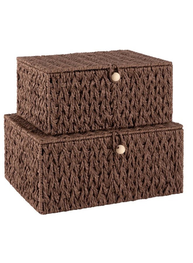 OIAHOMY Set of 2 Woven Wicker Storage Basket Box with Lid & Lock, Storage Organizer, Large/Medium Size-Brown - Image 1