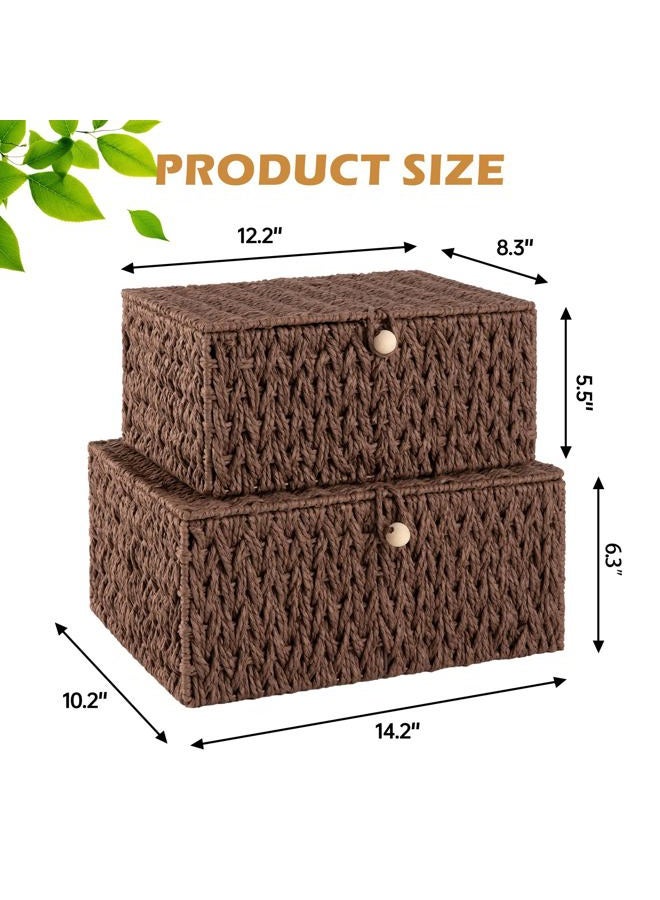 OIAHOMY Set of 2 Woven Wicker Storage Basket Box with Lid & Lock, Storage Organizer, Large/Medium Size-Brown - Image 4